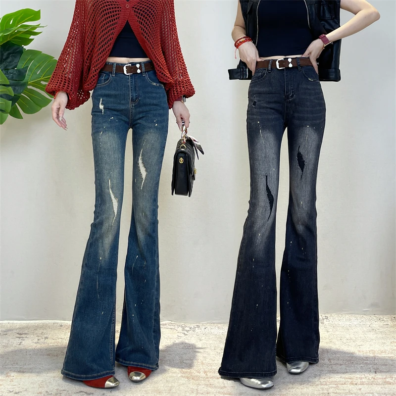 迪否辣妹风破洞微喇牛仔裤秋季新款弹力修身显瘦美式喇叭裤6311