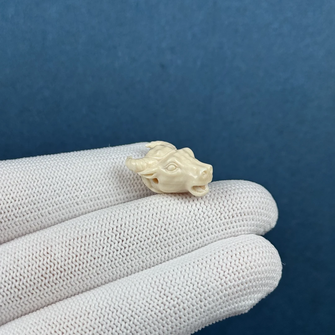 D79-94天然猛犸牙 雕刻牛头三通约14.9x20mm支持复检假一罚十