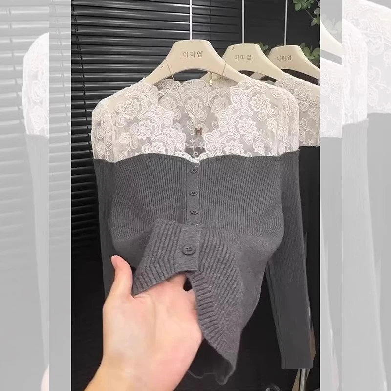 法式灰色蕾丝拼接开衫毛衣女春秋新款内搭打底衫独特针织衫上衣潮