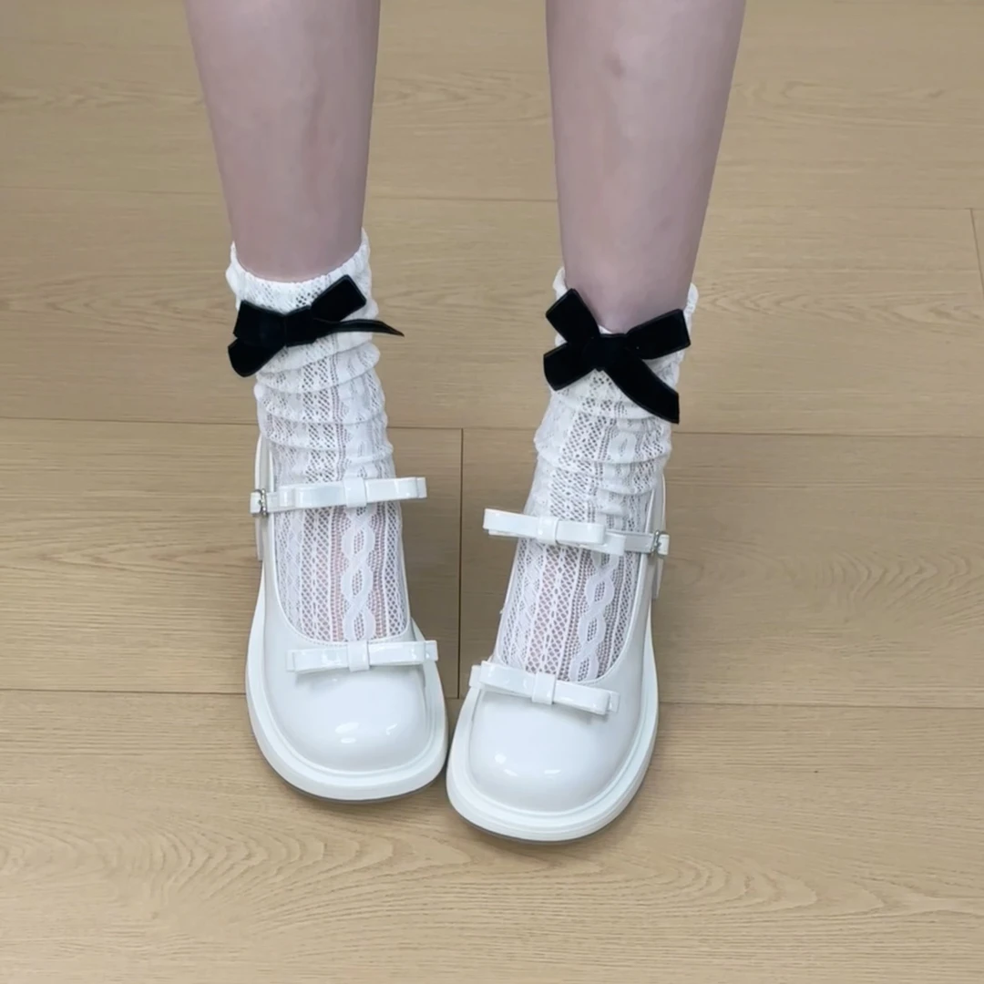 白色蝴蝶结仙女风配裙圆头高跟鞋2025春小个子法式粗跟玛丽珍单鞋