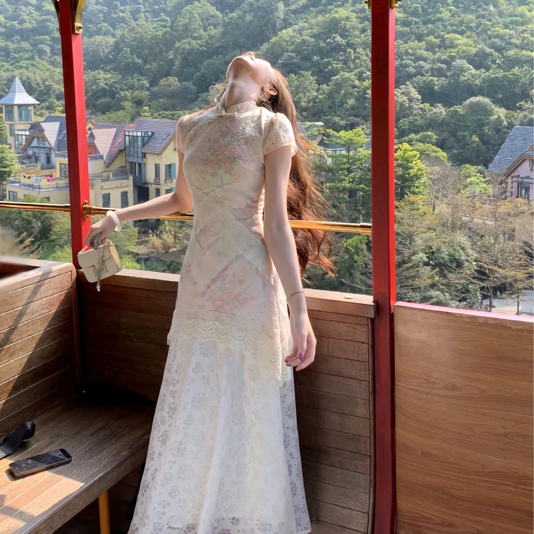 凌茜月华绣影新中式假两件印花改良旗袍春夏蕾丝拼接镂空旗袍裙