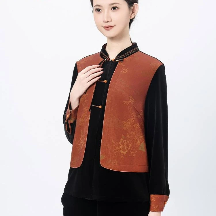 老美华秋季女士新中式立领花式盘扣典雅印花长袖衬衫433205032