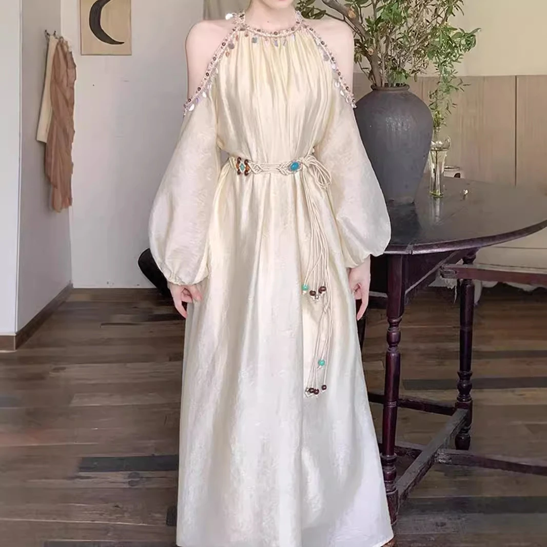 新款我的阿勒泰手缝贝壳花边浅杏色连衣裙波西米亚度假风茶歇长裙