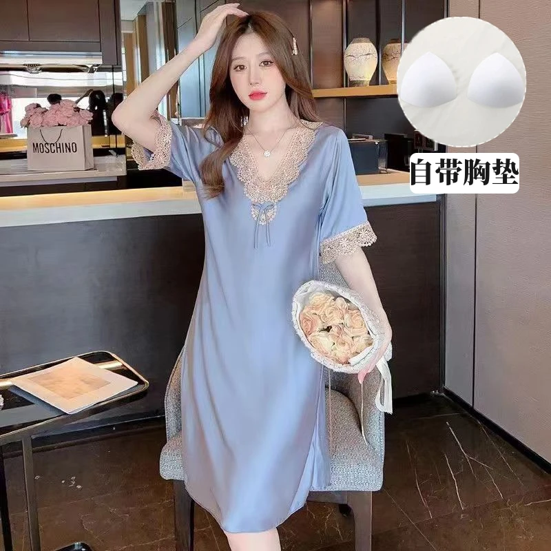 胸垫睡裙女夏季冰丝家居服时尚高档连衣裙薄款短袖宽松大码显瘦