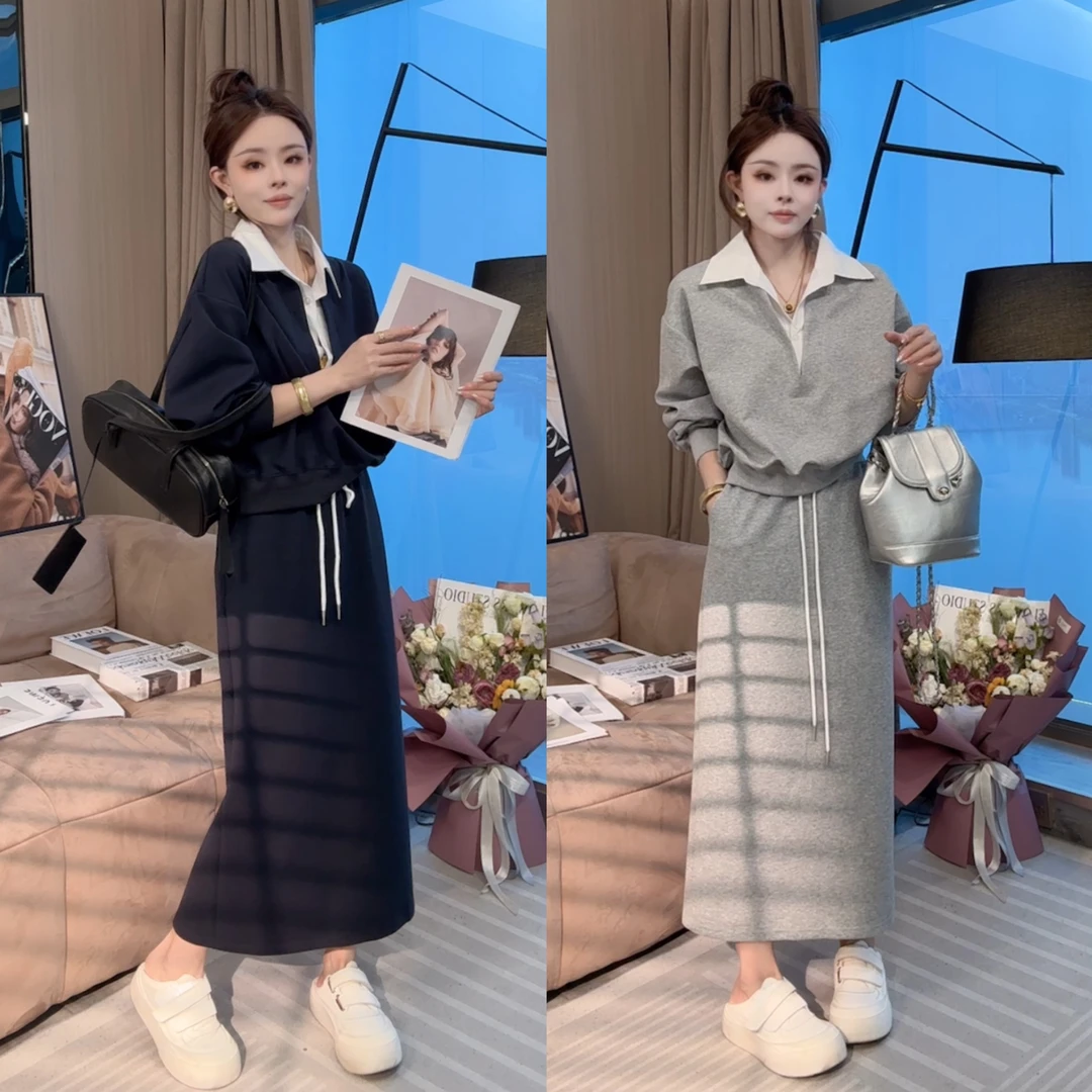 【晓溪服饰】春季上新韩系慵懒风时尚休闲假两件半身裙套装6083