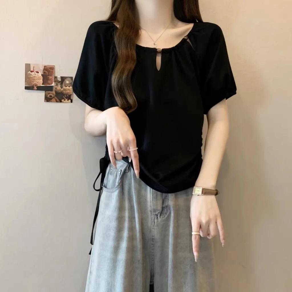 大码女装设计感串珠抽绳短袖t恤夏装遮肉显瘦泡泡袖正肩别致上衣