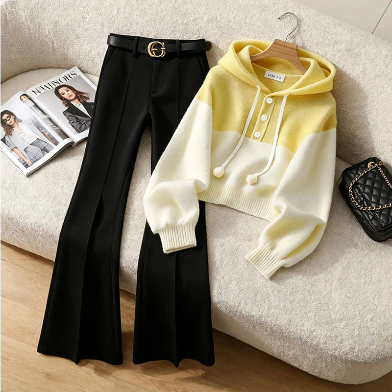 慵懒感减龄宽松黄色毛衣春秋季新款高腰黑色小个子休闲裤子两件套
