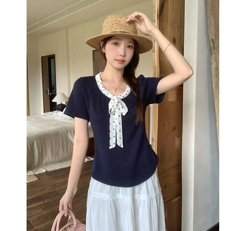 优雅气质波点系带蝴蝶结坑条短袖T恤女2025夏季新款大码胖mm显瘦