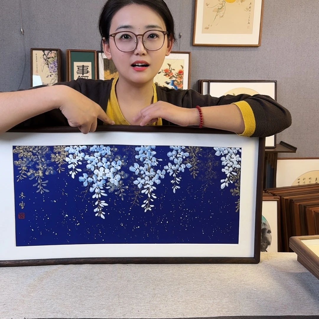 国画纯手绘，纯手写带框尺寸：36×69厘米