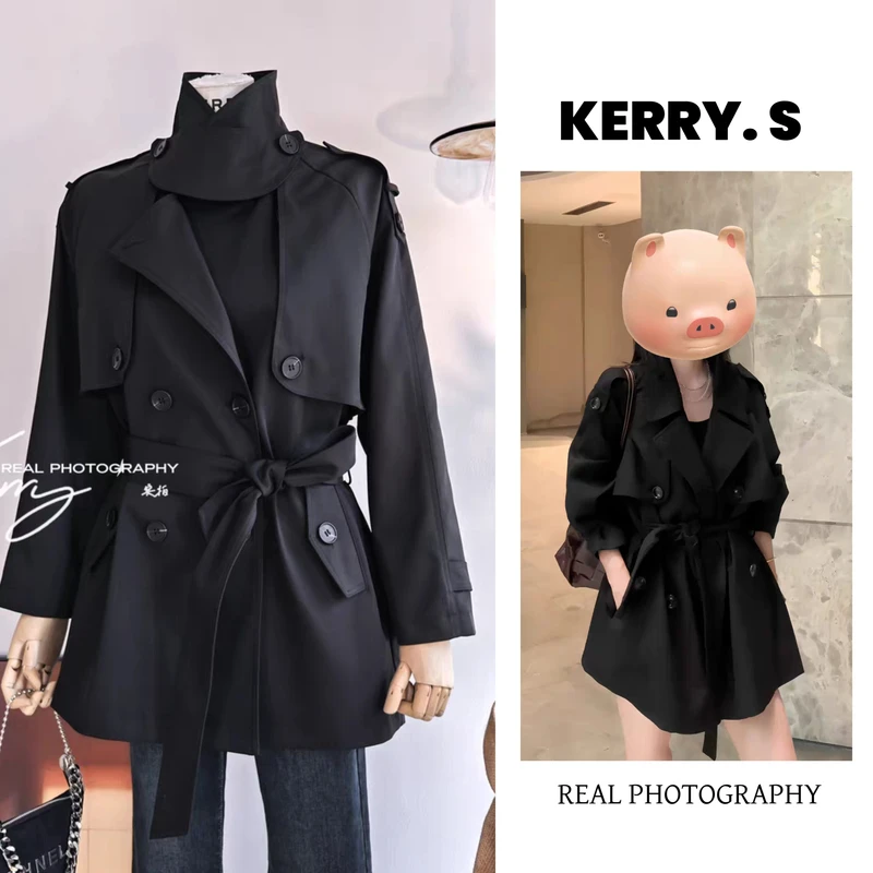 【巴黎旧梦2.0】小个子秋黑色双排扣风衣外套收腰显瘦中长款上衣