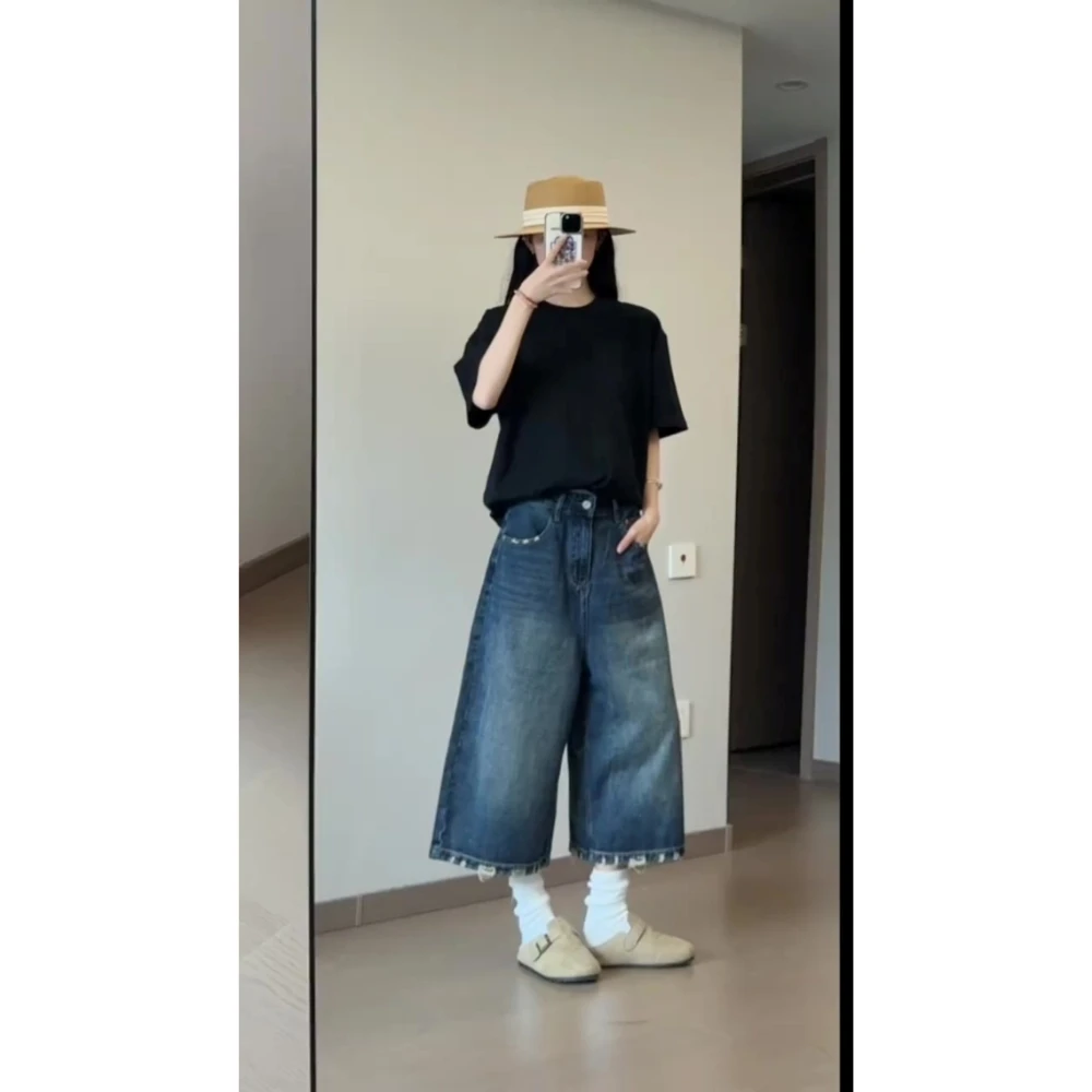 美式复古设计感水洗牛仔裤女2025夏季显瘦宽松百搭做旧七分阔腿裤