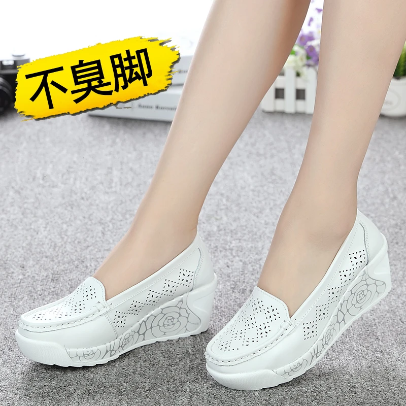 真皮百搭松糕鞋白色舒适休闲夏季软底妈妈鞋小白鞋坡跟不累脚单鞋