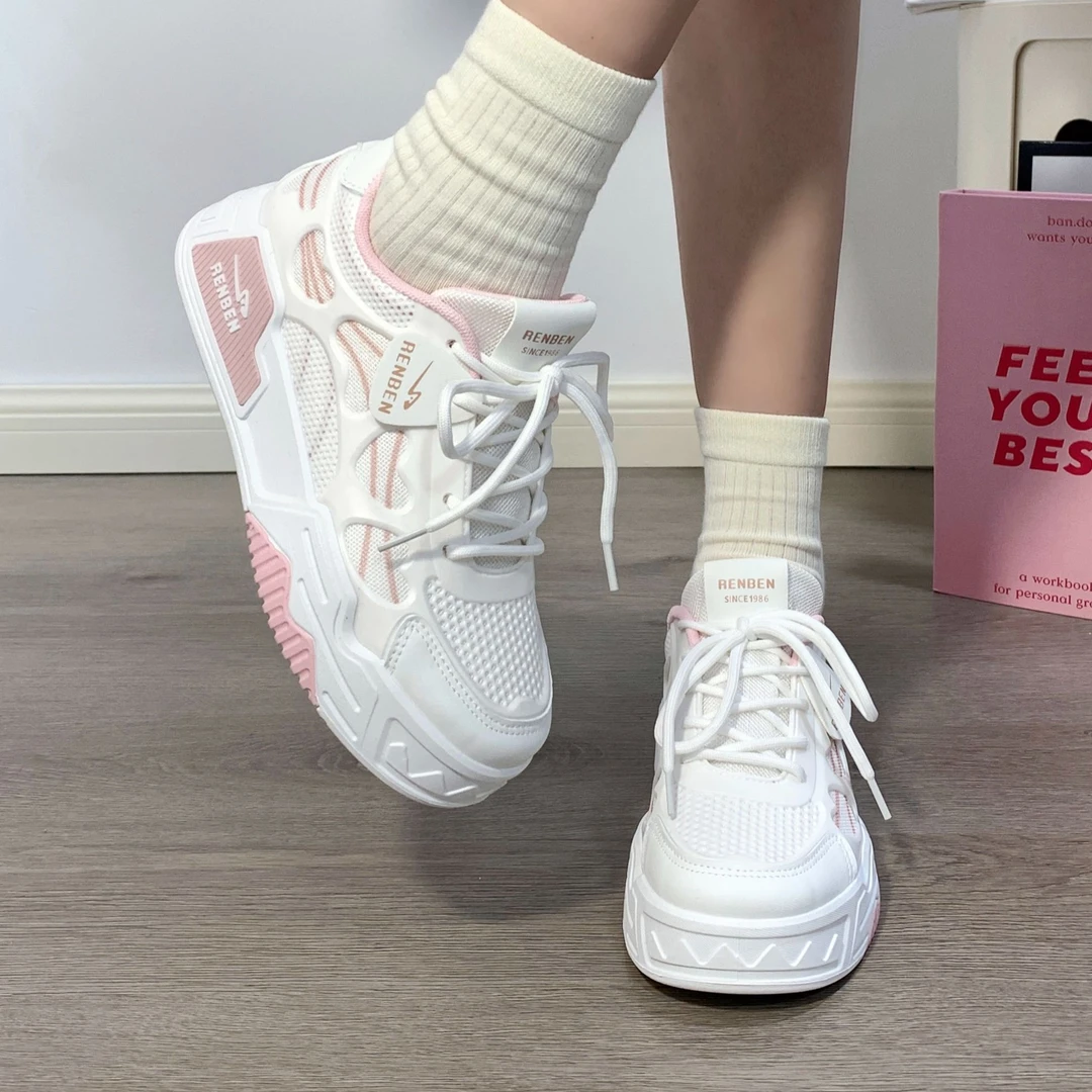 人本透气板鞋女2025秋季新款粉色少女运动休闲鞋女原创爆款小白鞋
