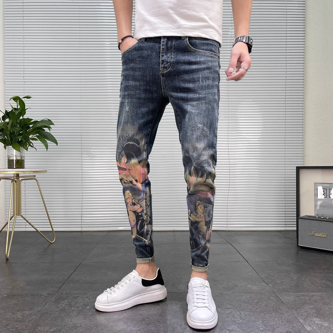 2024秋季新款时尚高街个性印花牛仔裤男夜店潮流潮牌修身小脚长裤