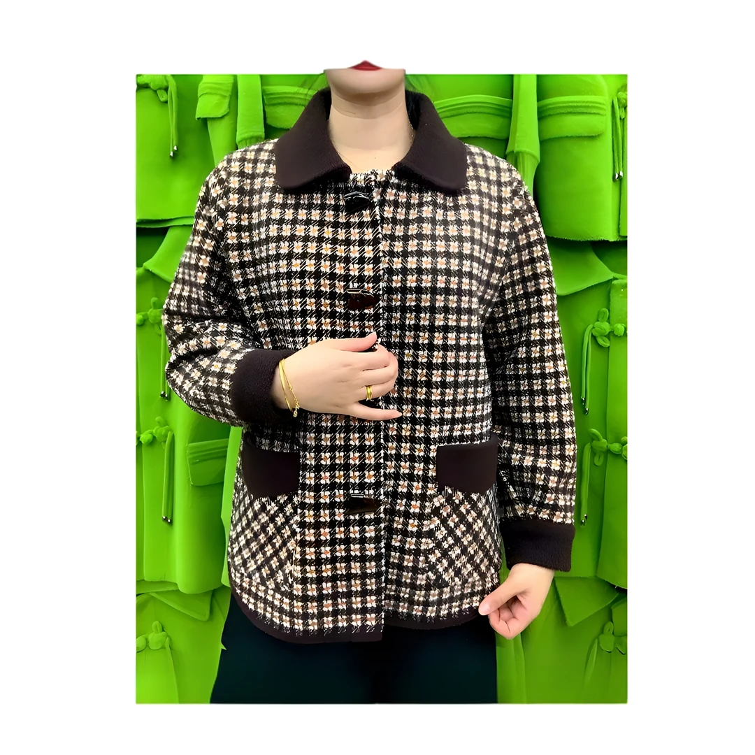 网红爆款短款长袖女装直筒显瘦型单排扣方领细格子拼色开衫外套