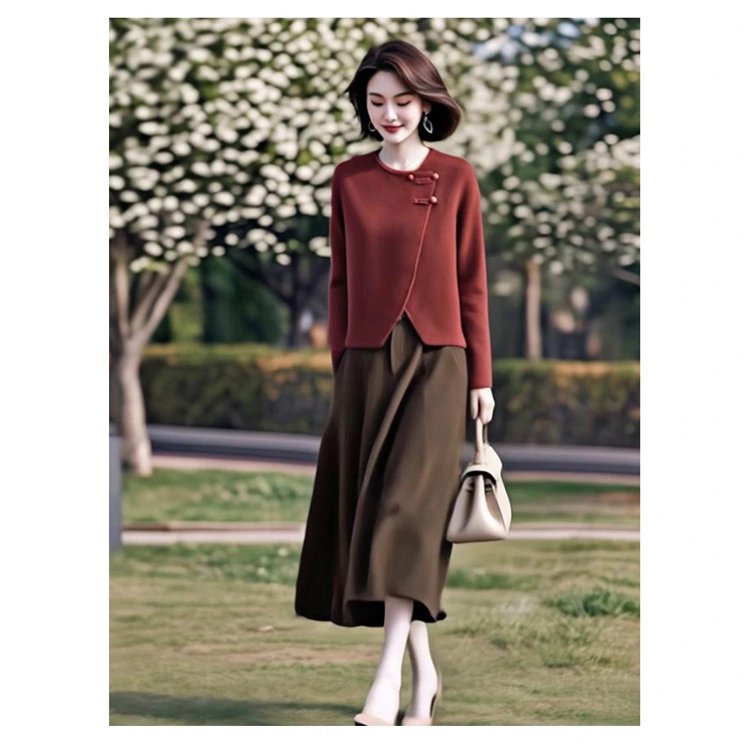 不规则盘扣新中式针织衫+百搭半裙两件套秋