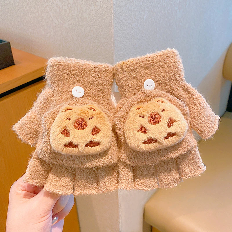 卡皮巴拉宝宝手套冬天保暖儿童翻盖半指可爱女童卡通露五指加厚款