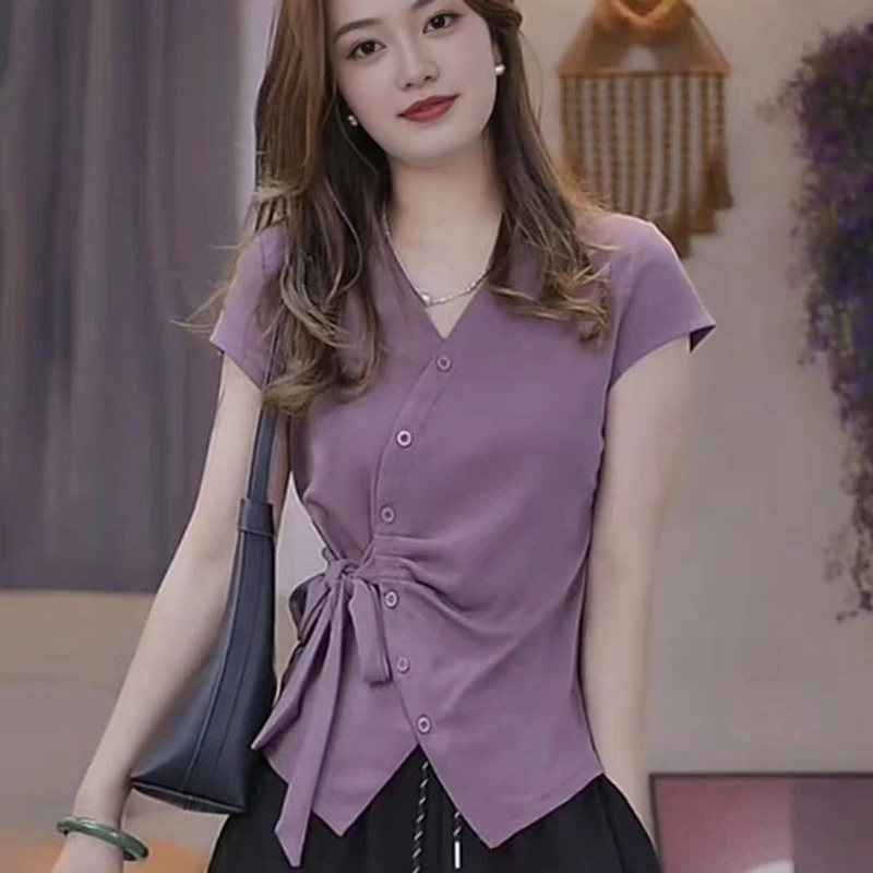 法式设计感显瘦收腰上衣女百搭时尚T恤2025夏季新款褶皱绑带小衫