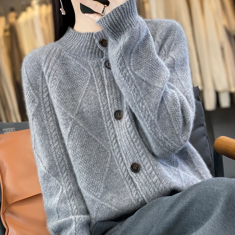 秋冬女士老钱风纯羊毛开衫气质百搭针织羊毛开衫时尚宽松立领开衫