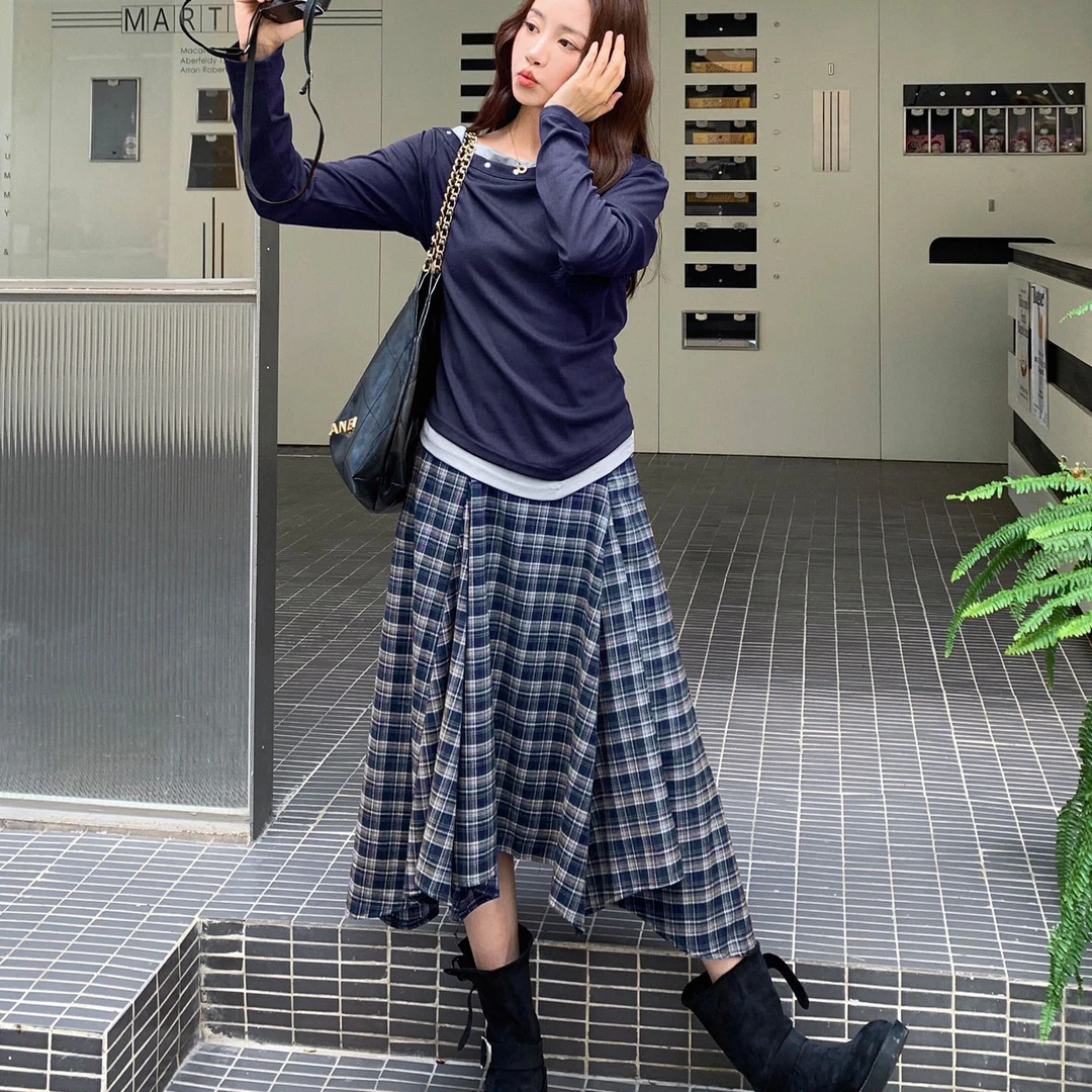 设计感休闲格子长袖上衣搭配高腰半身裙套装裙子半裙长裙中长款