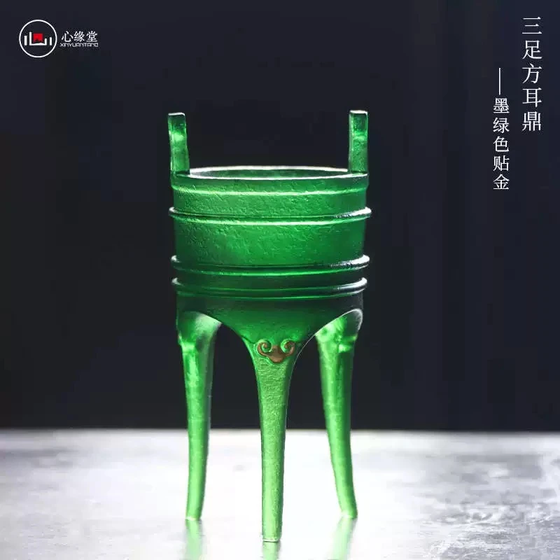 【斋居】三足方耳鼎墨绿色 （琉璃S0565）茶道配件