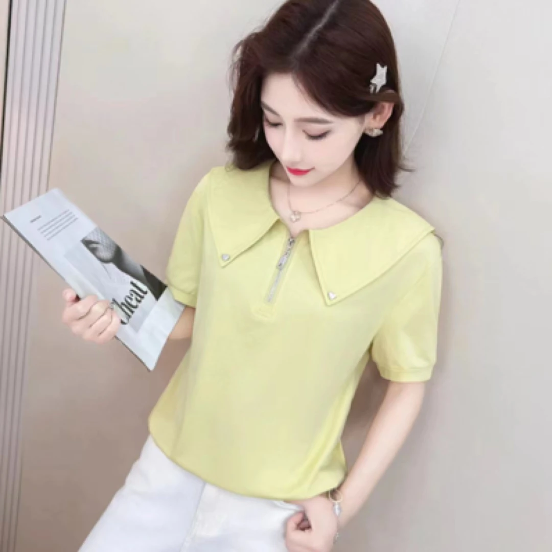 2507#【衣长55】娃娃领短袖上衣减龄小衫针织女装显瘦洋气上衣