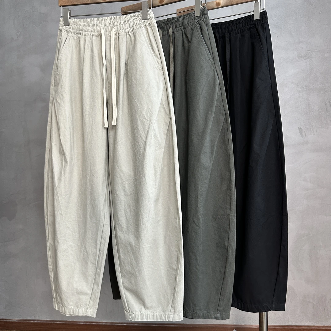 2025早秋新款弯刀休闲长裤纯色松紧腰阔版潮男全棉水洗百搭裤子