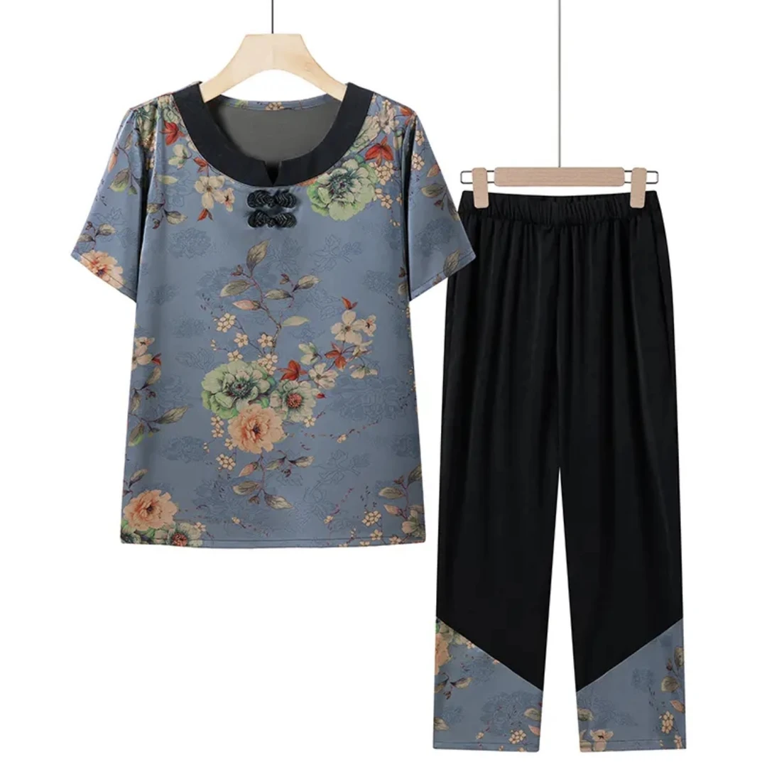 8781-中老年夏季短袖休闲套装气质减龄遮肉显瘦妈妈套装A11-1-1