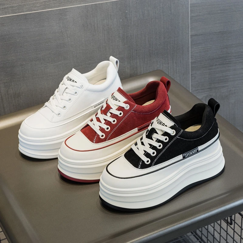 头层牛皮2025年秋冬款内增高女鞋8cm松糕运动加绒板鞋百搭小白鞋.