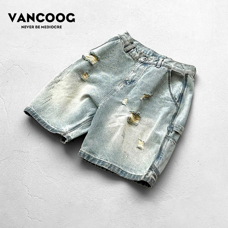 VANCOOG夏季美式潮牌宽松破洞五分裤水洗做旧休闲中裤牛仔短裤男