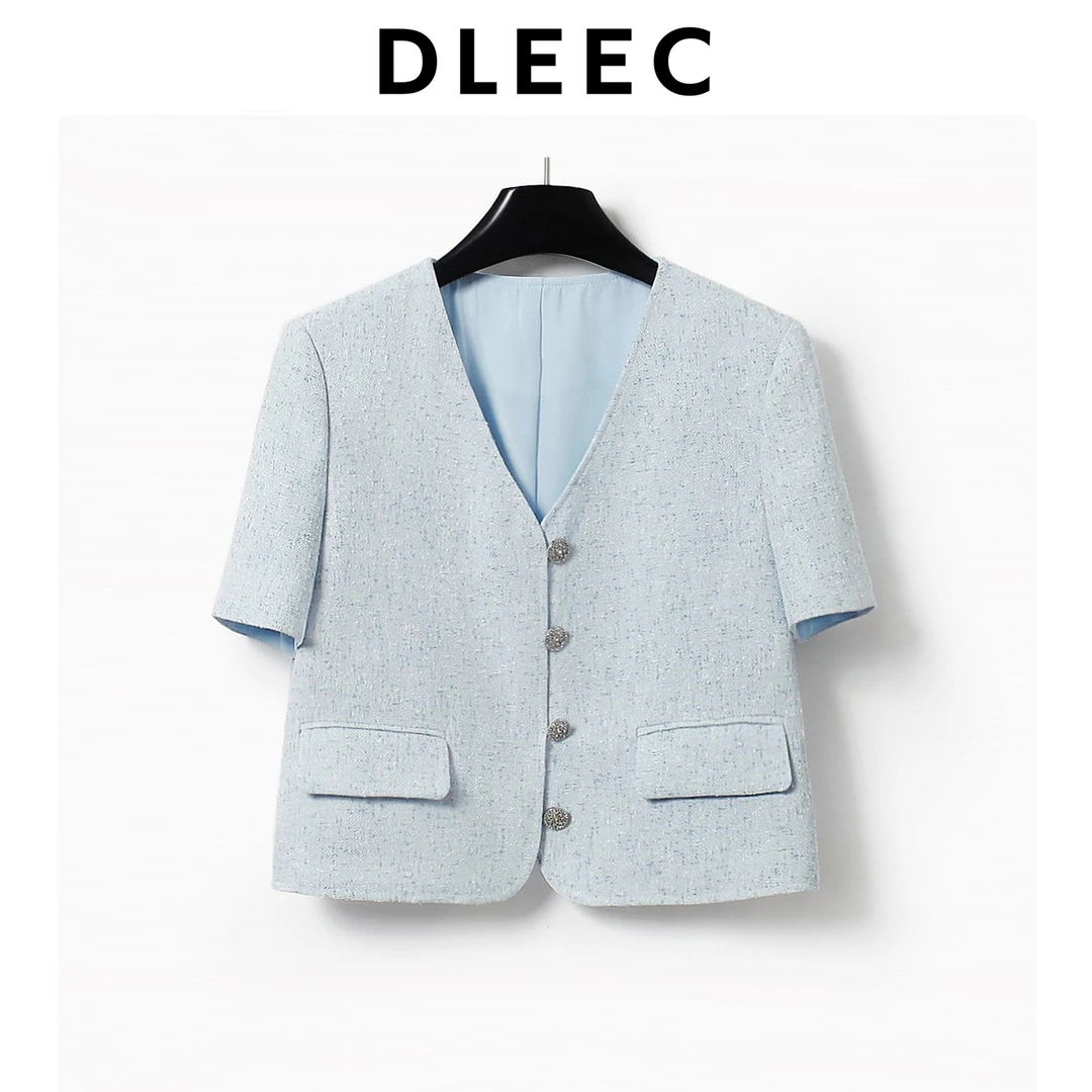 DLEEC 复古法式蓝色西装小香风短外套简约宽松夏季洋气盐系上衣