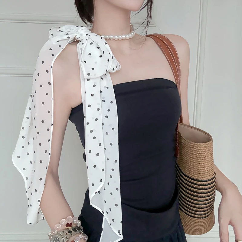 高级感波点玫瑰珍珠丝巾女夏季薄款系脖飘带围巾丝巾百搭长条丝带