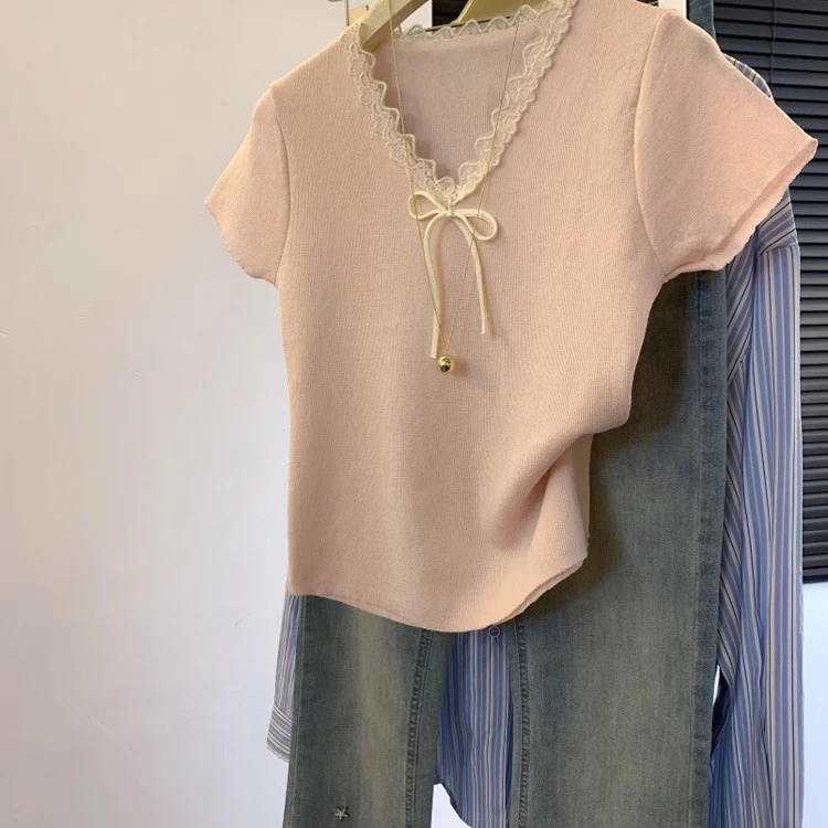 冰丝休闲短袖T恤夏季新款V领法式蕾丝花边小飞袖针织衫品质上衣女