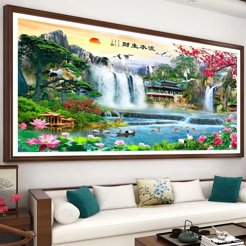 （2.3米）纯手工十字绣成品流水生财八方聚财风景大幅客厅大气挂画