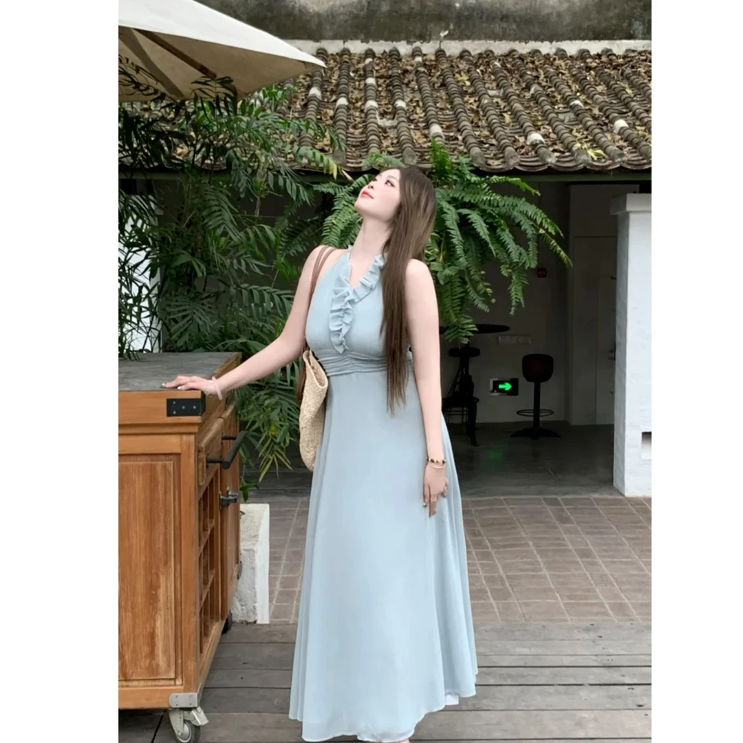 白七七微胖定制【清甜茉莉】收腰抽褶系带无袖挂脖连衣裙 L1762