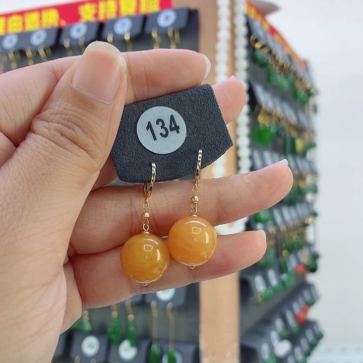 蜜蜡18K金镶嵌耳饰