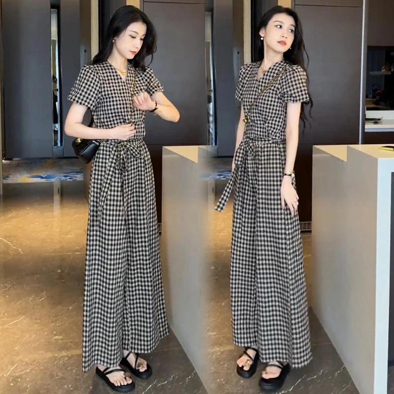 时尚复古格子套装女夏季新款洋气小个子一整套上衣阔腿裤两件套潮