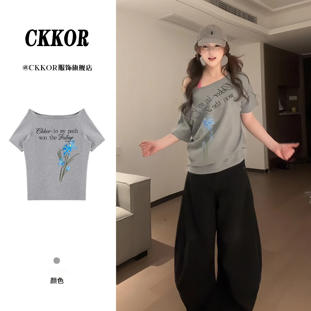 CKKOR夏季新款露肩短袖t恤女遮肚显瘦韩版设计感纯欲风辣妹穿搭