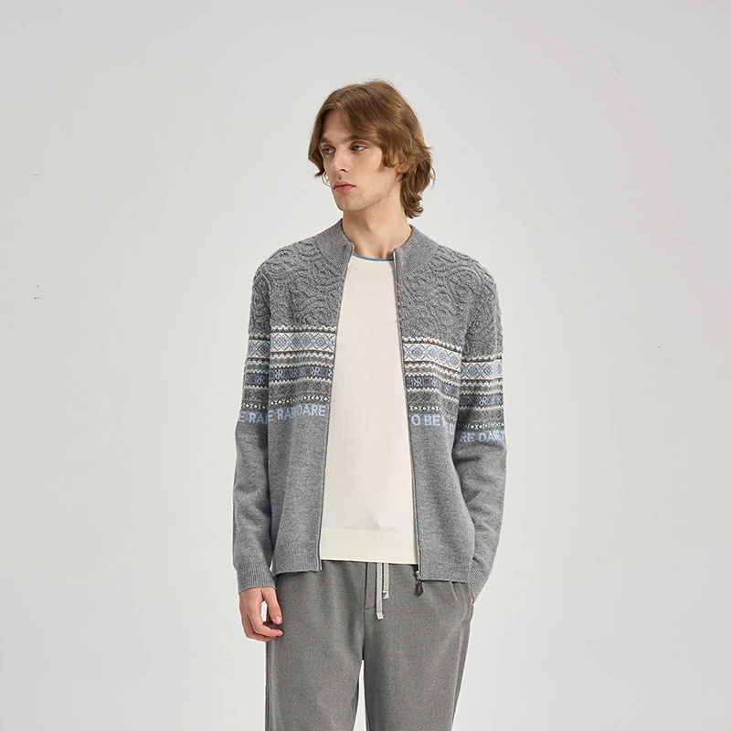 RARE威雅25秋冬灰色老花立体脱圈肌理费尔岛图案立领休闲开衫外套