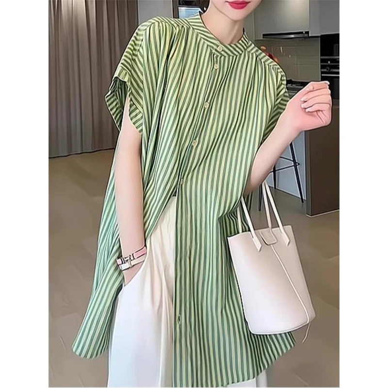 欧货复古绿色条纹短袖衬衫女2025夏季新款宽松设计感小众时尚上衣