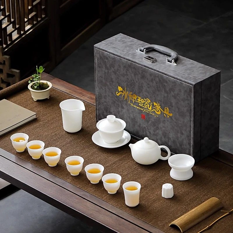 新款冰种玉瓷功夫茶具套装家用陶瓷喝茶杯三才盖碗德化白瓷送礼盒