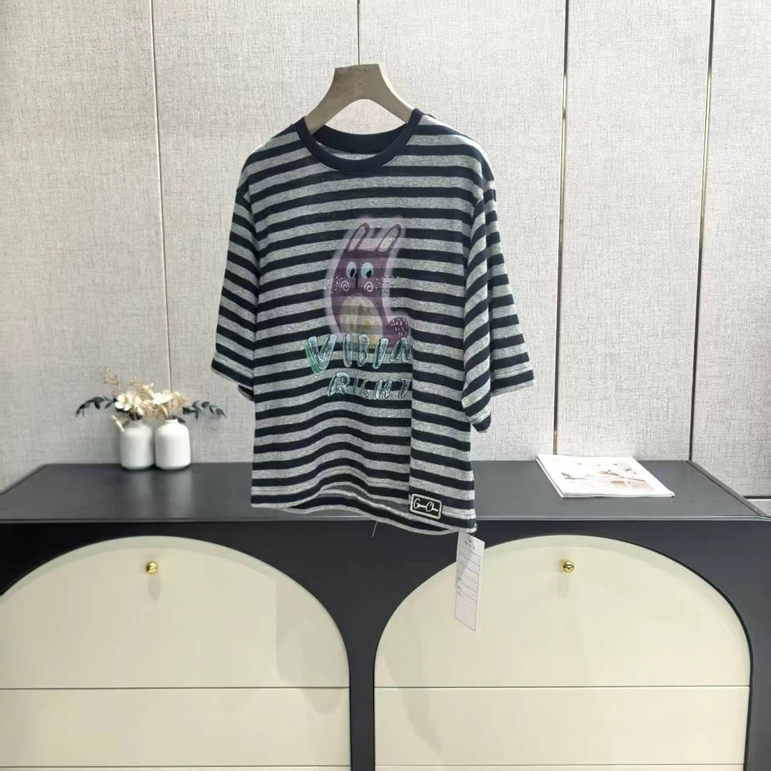 木子家  I  25262【兔子条纹T】涂鸦针织纯棉短袖