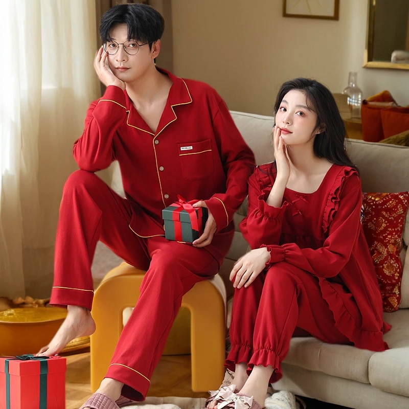 高档100%纯棉情侣睡衣女春秋红色新婚结婚新娘新郎一对家居服套装