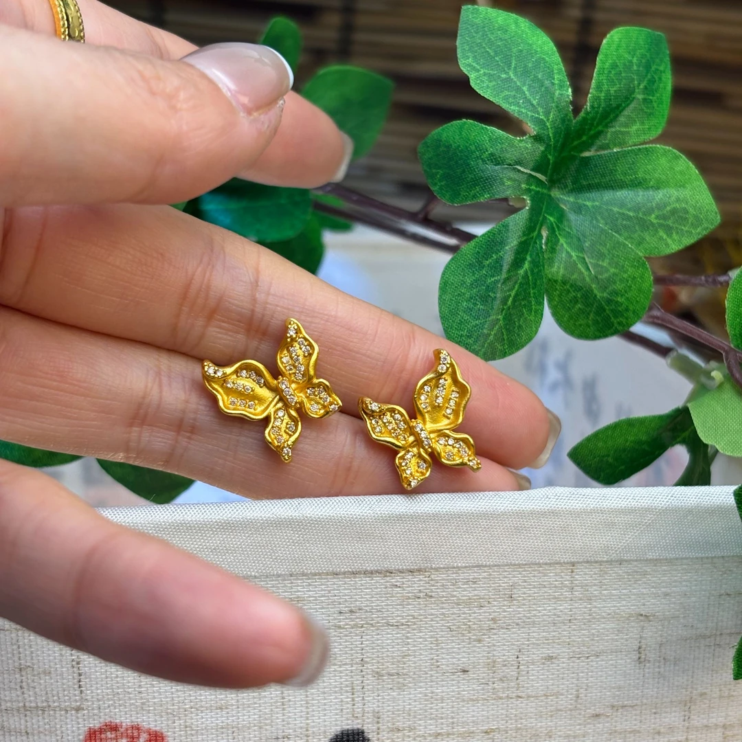 铜合金耳饰 新中式点钻鸢尾蝴蝶耳钉 实物拍摄精美百搭轻奢