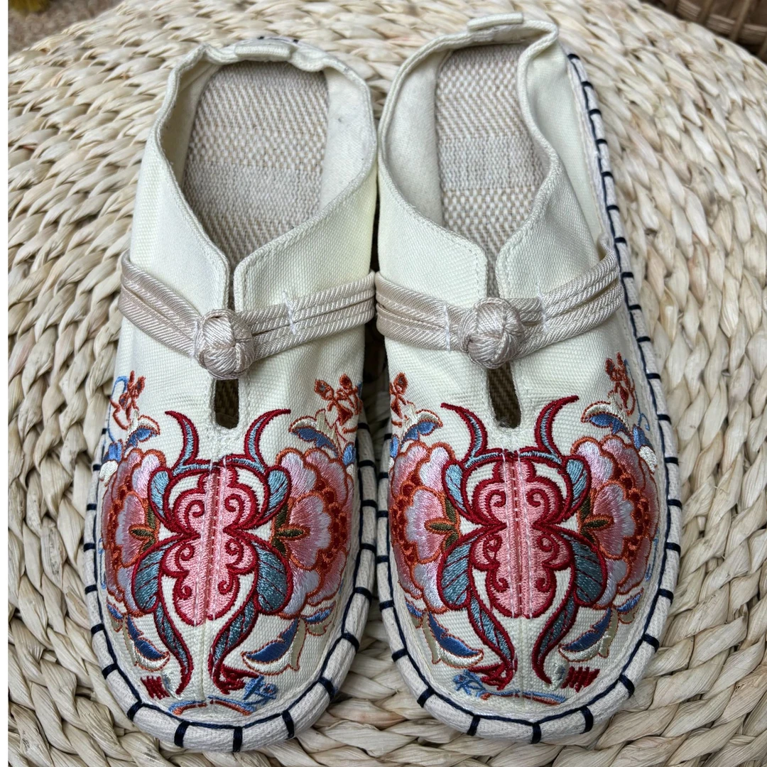 {T2202}复古民族风刺绣鞋托防滑透气牛筋软底休闲舒适棉麻布拖鞋