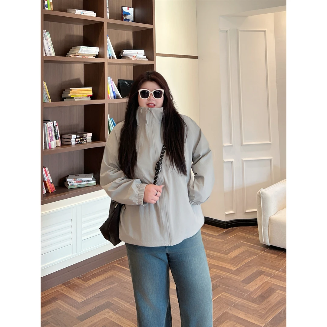 大码女装百搭花契200斤胖mm时尚美式休闲风连帽冲锋衣外套15421-X