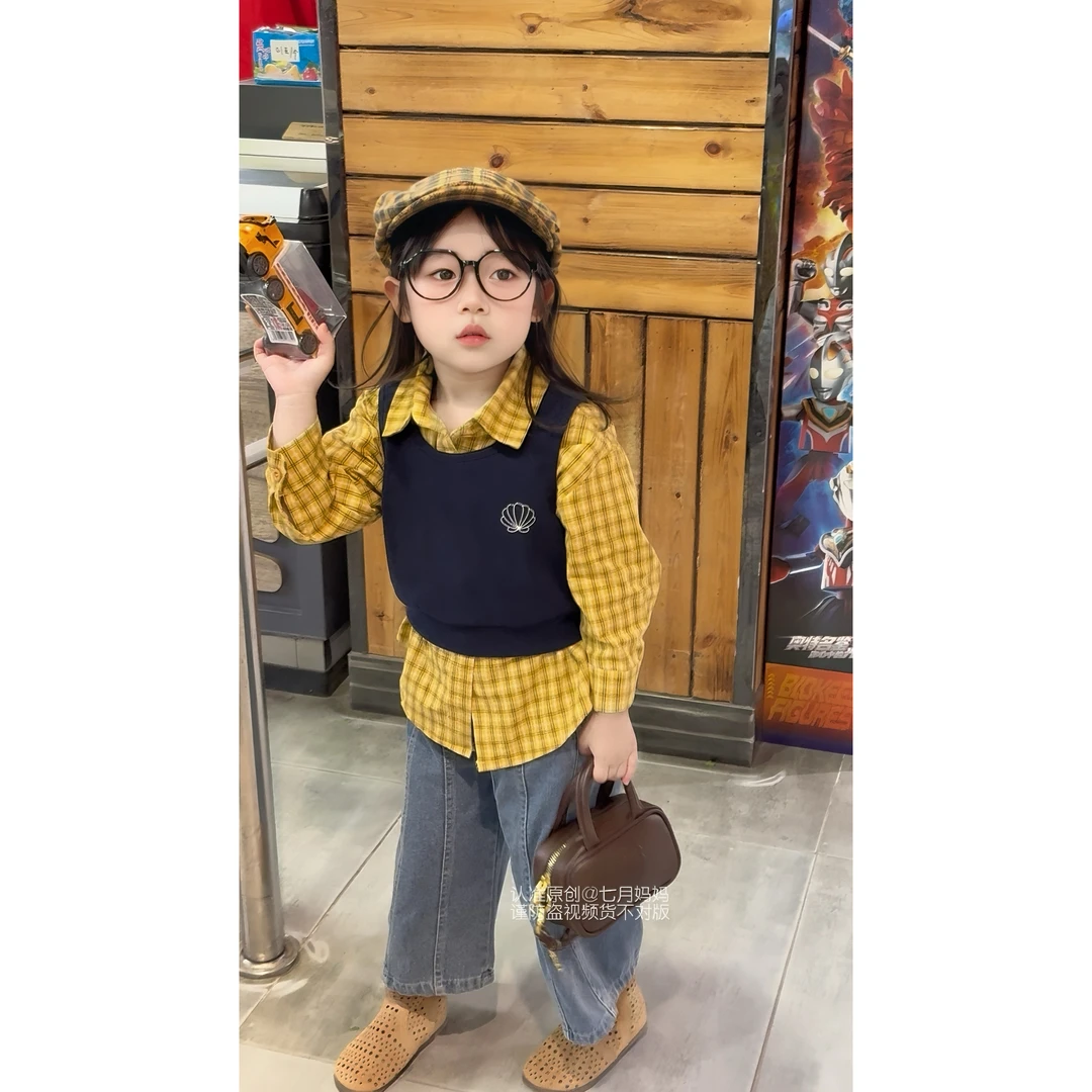 女童衬衫2025秋季新款洋气儿童格子翻领长袖衬衣宝宝休闲套装
