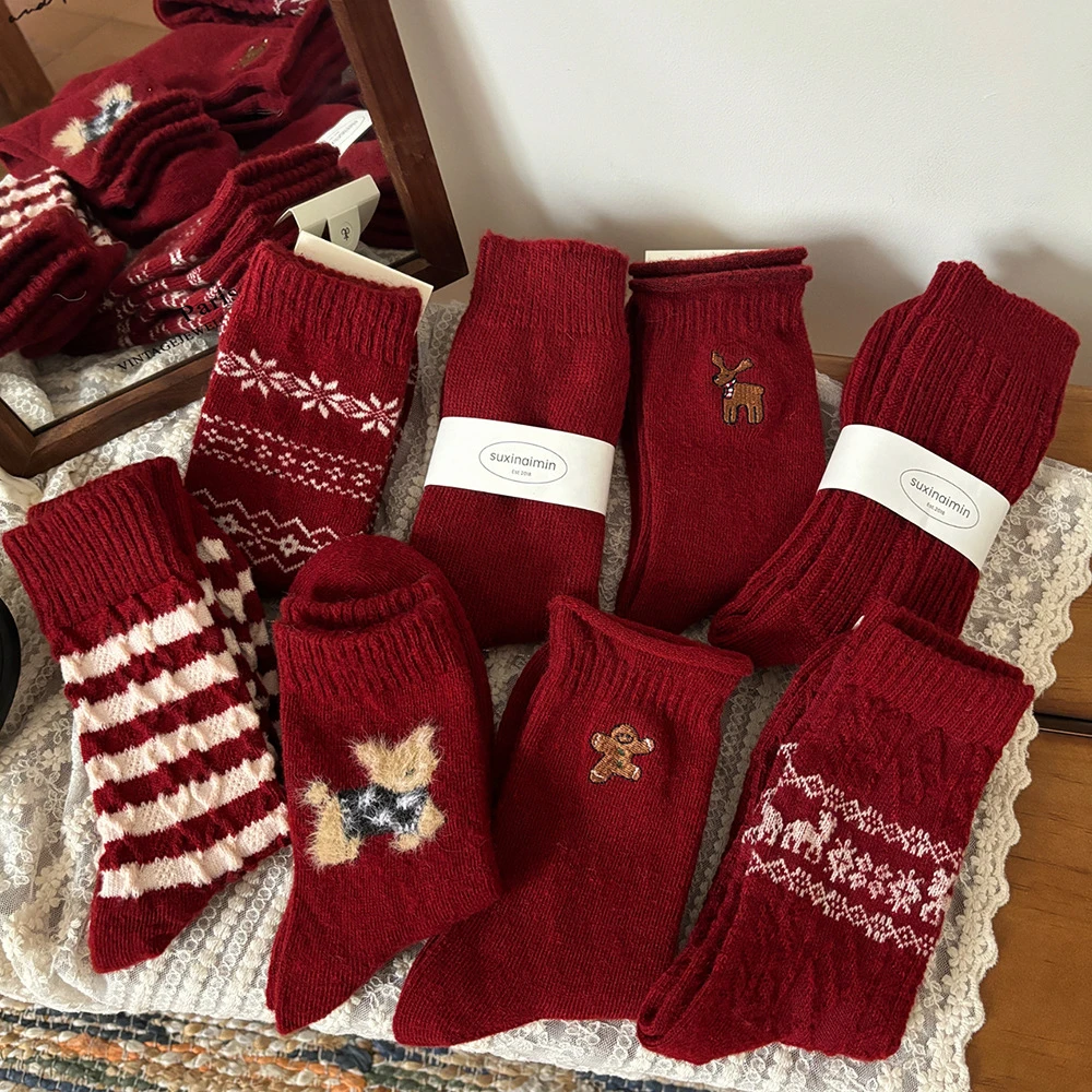 【Miao~】圣诞节新年红袜子秋冬中筒袜本命年鸿运保暖羊毛堆堆袜