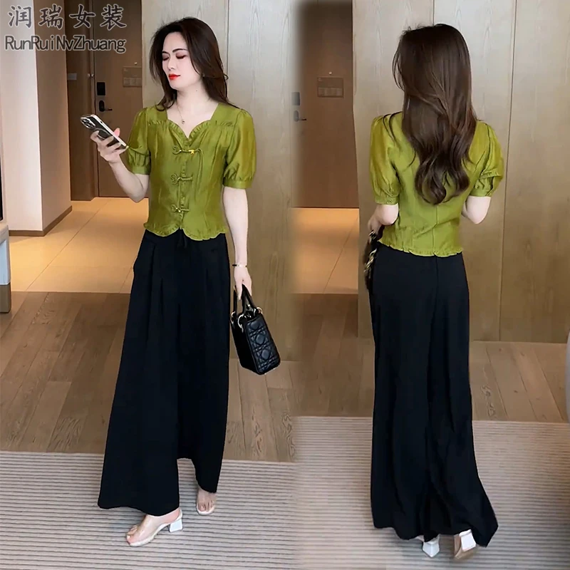 雪纺衫新中式百搭法式显瘦中国风时尚套装阔腿裤套装夏季气质潮流