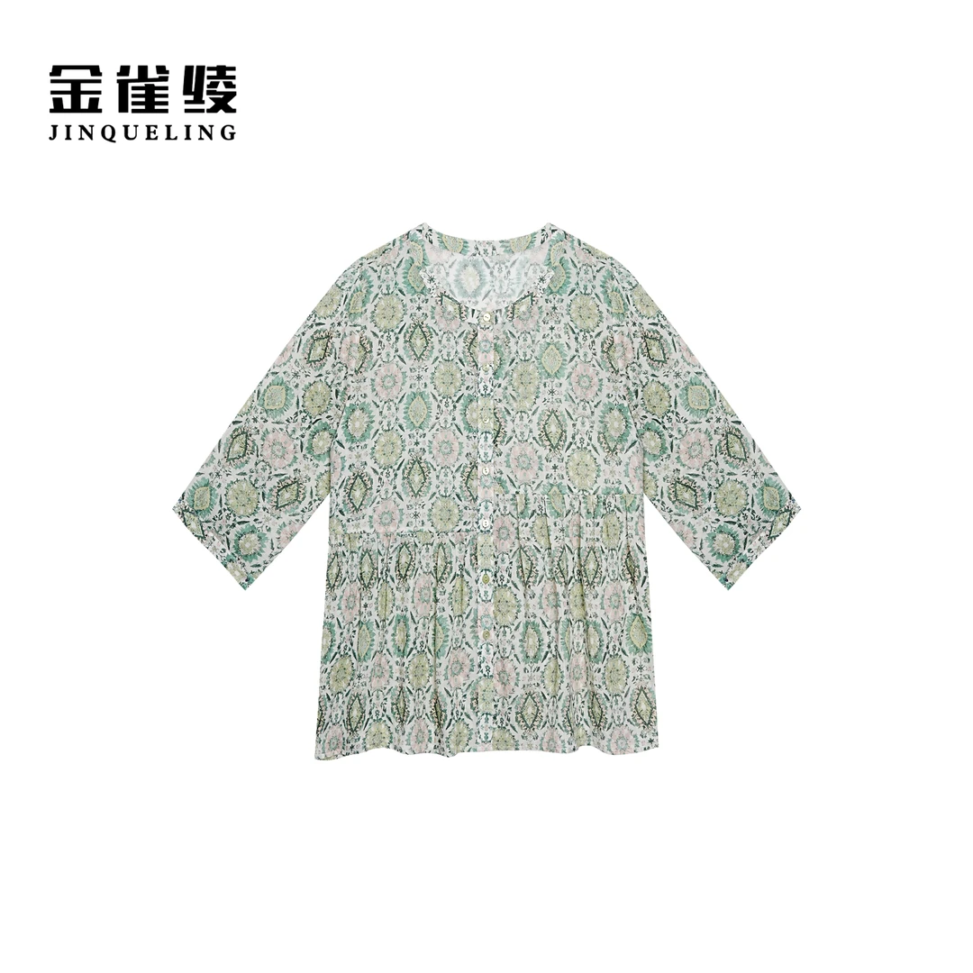 金雀绫【青苹果乐园】设计师款满印圆领宽松大码女装衬衫SZA1S166